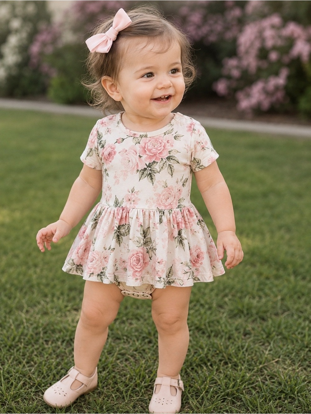 Posh Peanut Vintage Pink Rose Twirl Bodysuit Dress | Size 18-24 Months